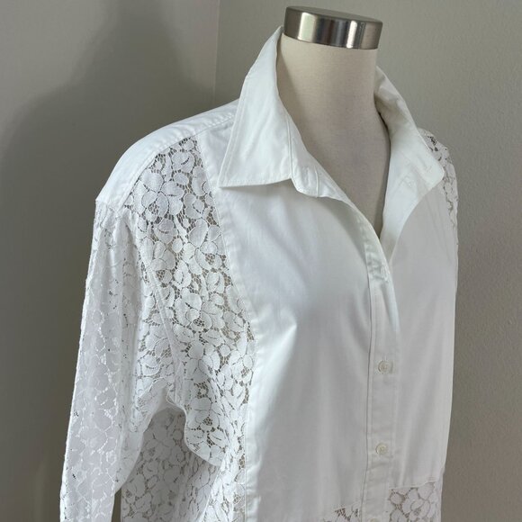 NEW Gap Womens Large White Lace Bib Big Shirt Button Up Long Sleeve Blouse Top - Picture 6 of 16
